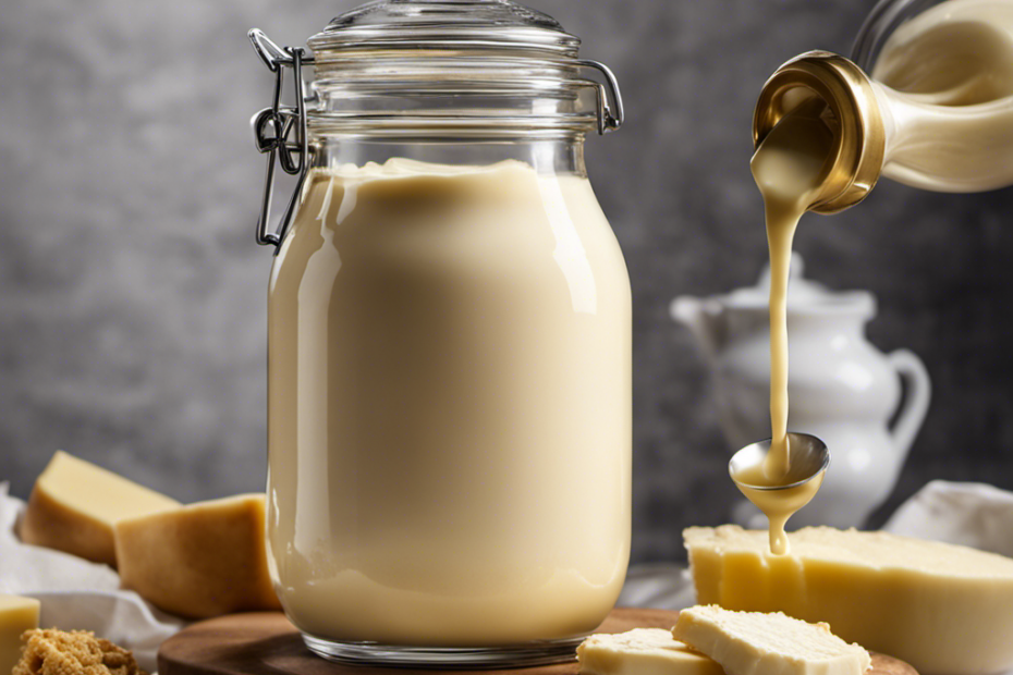 An image depicting a glass jar filled with creamy, rich heavy cream being poured into a butter churn, with distinct layers forming as the cream begins to solidify into smooth, golden butter