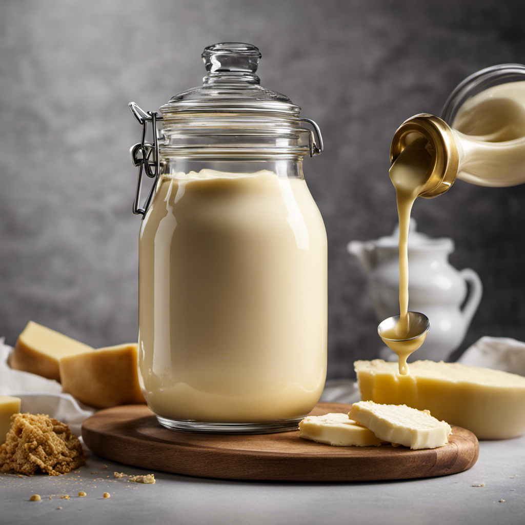 An image depicting a glass jar filled with creamy, rich heavy cream being poured into a butter churn, with distinct layers forming as the cream begins to solidify into smooth, golden butter