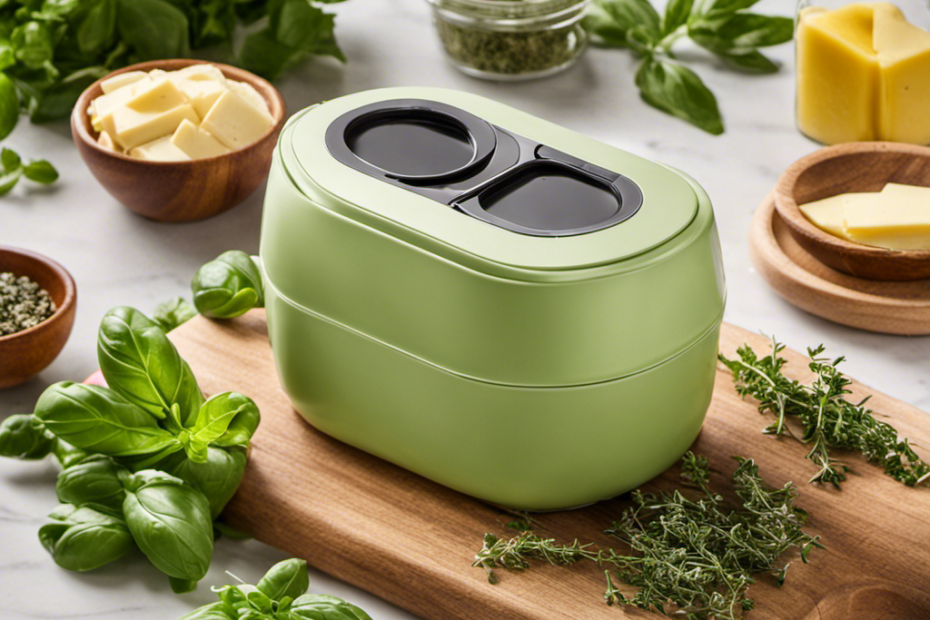 An image showcasing the Easy Butter Maker 2 Stick, surrounded by a bountiful assortment of fresh herbs such as basil, thyme, and oregano