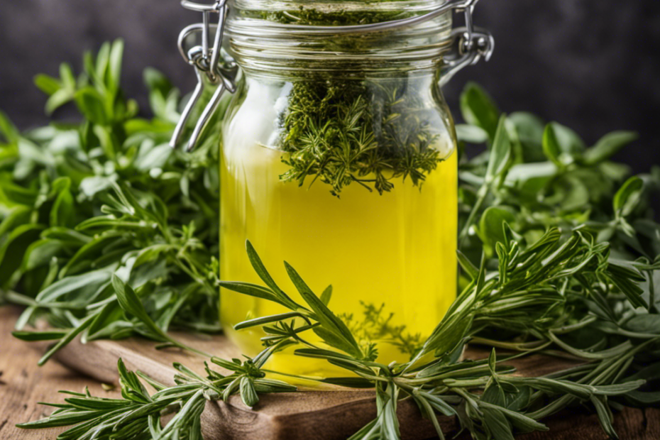 An image showcasing a small glass jar filled with melted butter, infused with vibrant green herbs