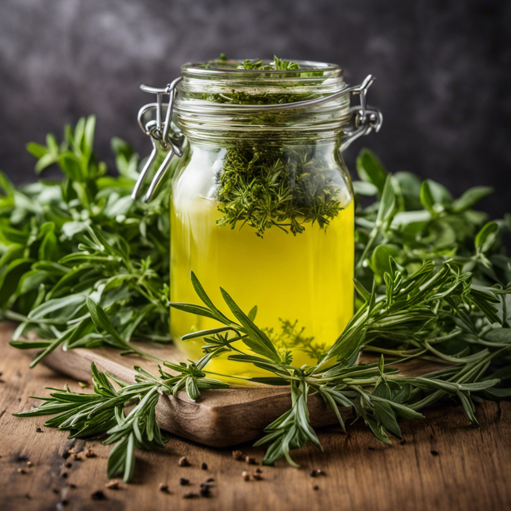 An image showcasing a small glass jar filled with melted butter, infused with vibrant green herbs