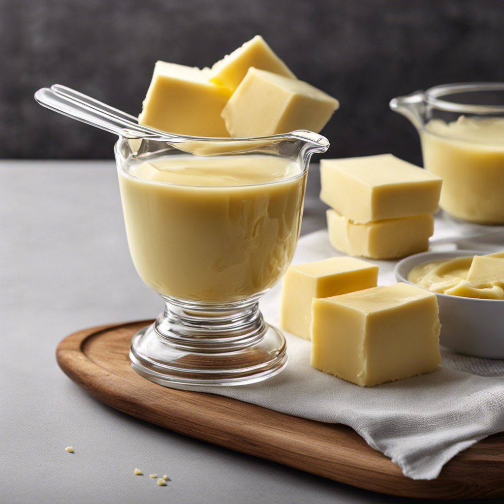 An image showing a clear glass measuring cup filled with creamy melted butter up to the 1/3 cup mark, accompanied by three identical sticks of butter neatly arranged next to it