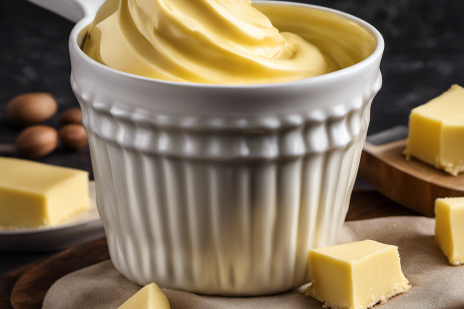 An image showcasing a measuring cup filled exactly 1/3 with butter, highlighting its creamy yellow color and smooth texture