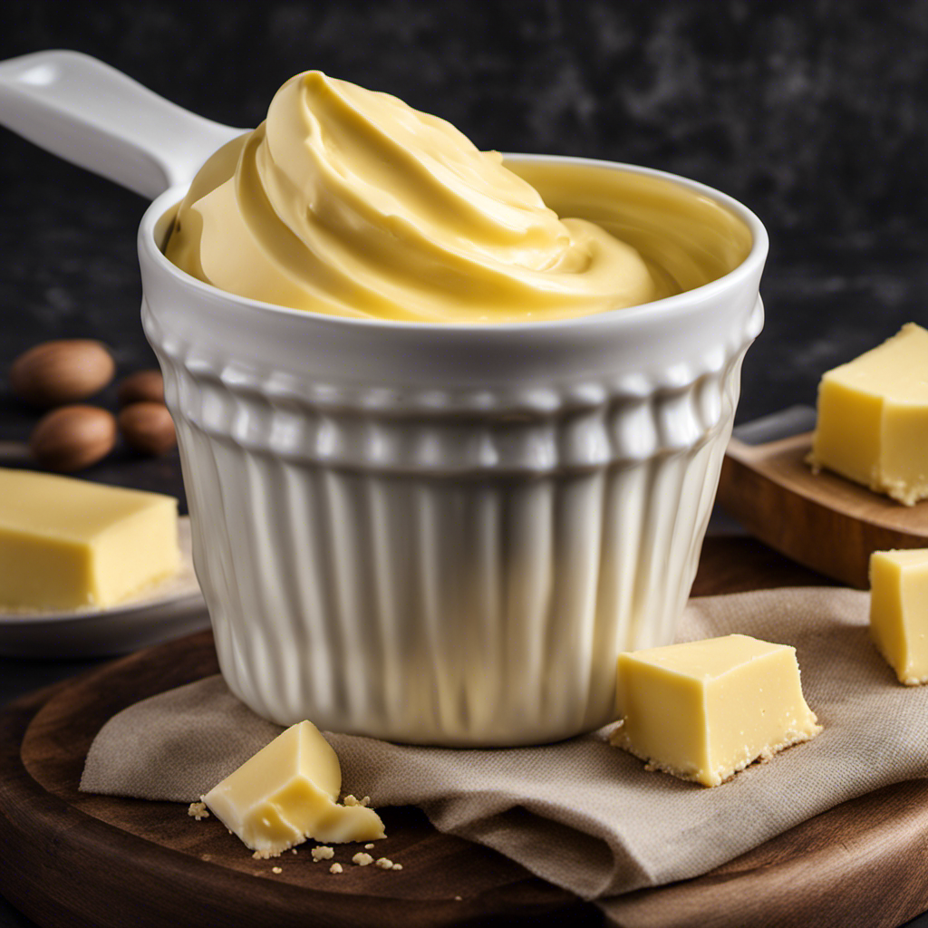 An image showcasing a measuring cup filled exactly 1/3 with butter, highlighting its creamy yellow color and smooth texture