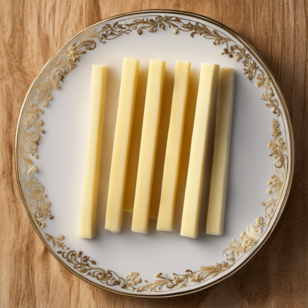 An image showcasing 1/3 cup of creamy butter, neatly sliced into uniform sticks