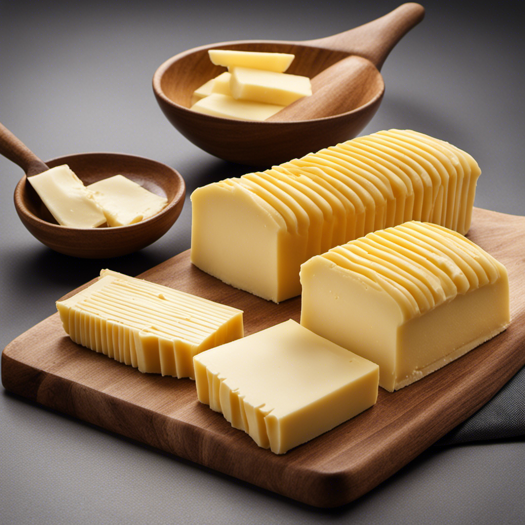 An image of a neatly sliced stick of butter, where one-third of the stick is precisely measured and separated