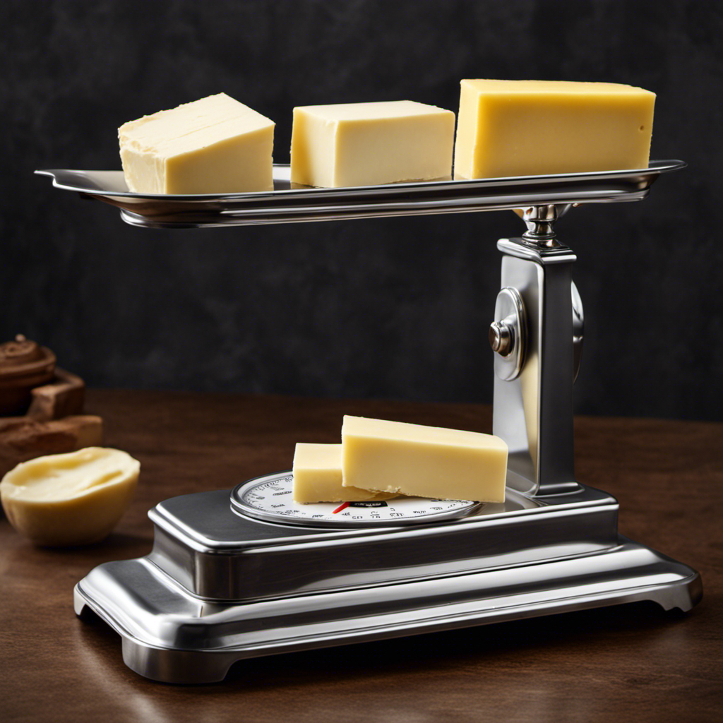 An image of a silver kitchen scale, with a small block of butter delicately placed on it, precisely measuring 1/4 lb