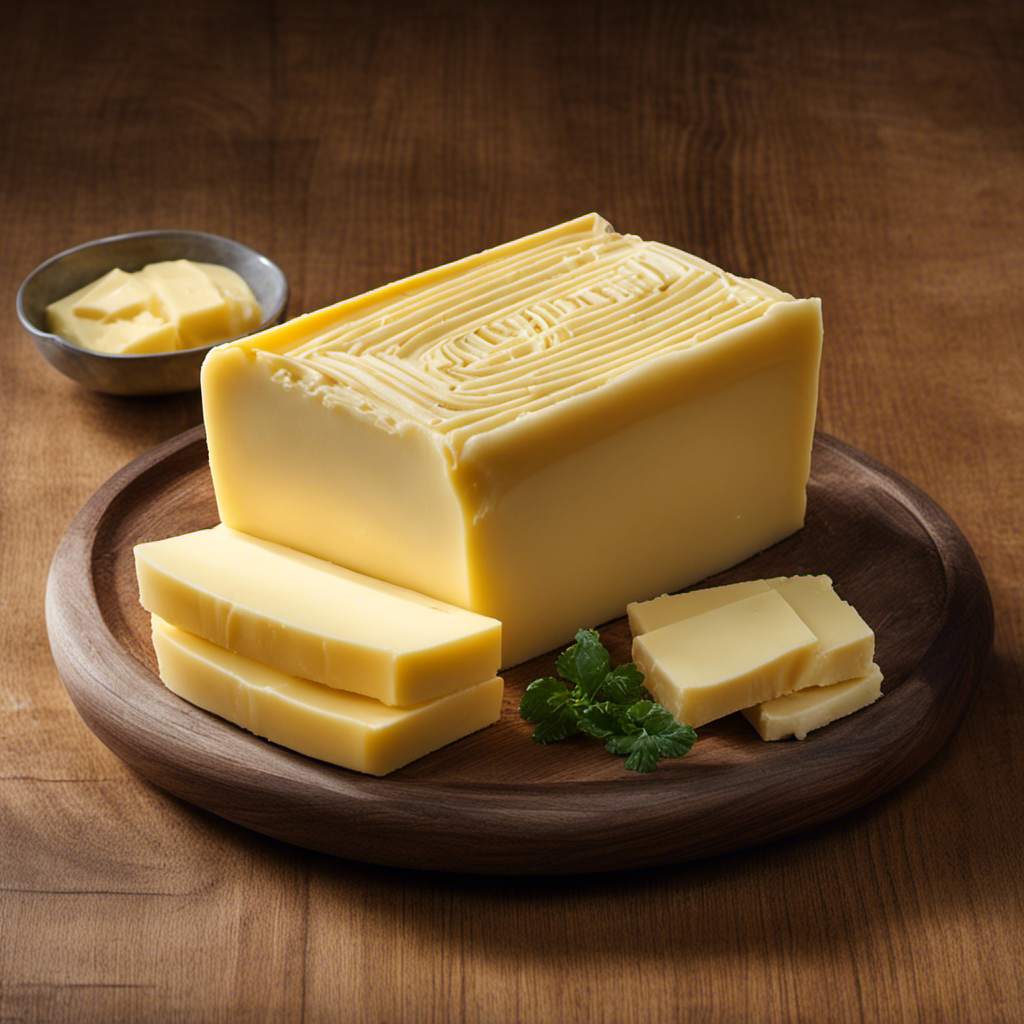 An image depicting 1/4 pound of butter, showcasing a rectangular stick of butter perfectly sliced into four equal parts, each section neatly displayed