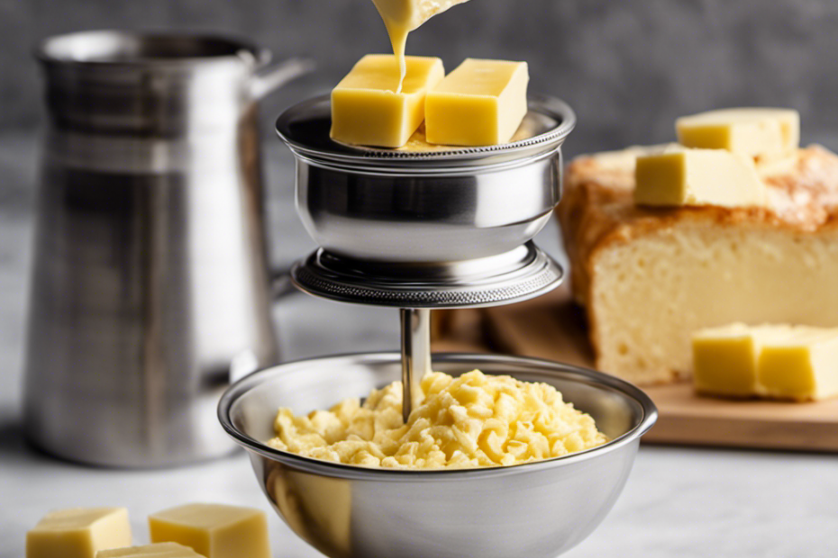 An image that showcases a measuring cup filled with butter, surrounded by a stack of precise gram weights