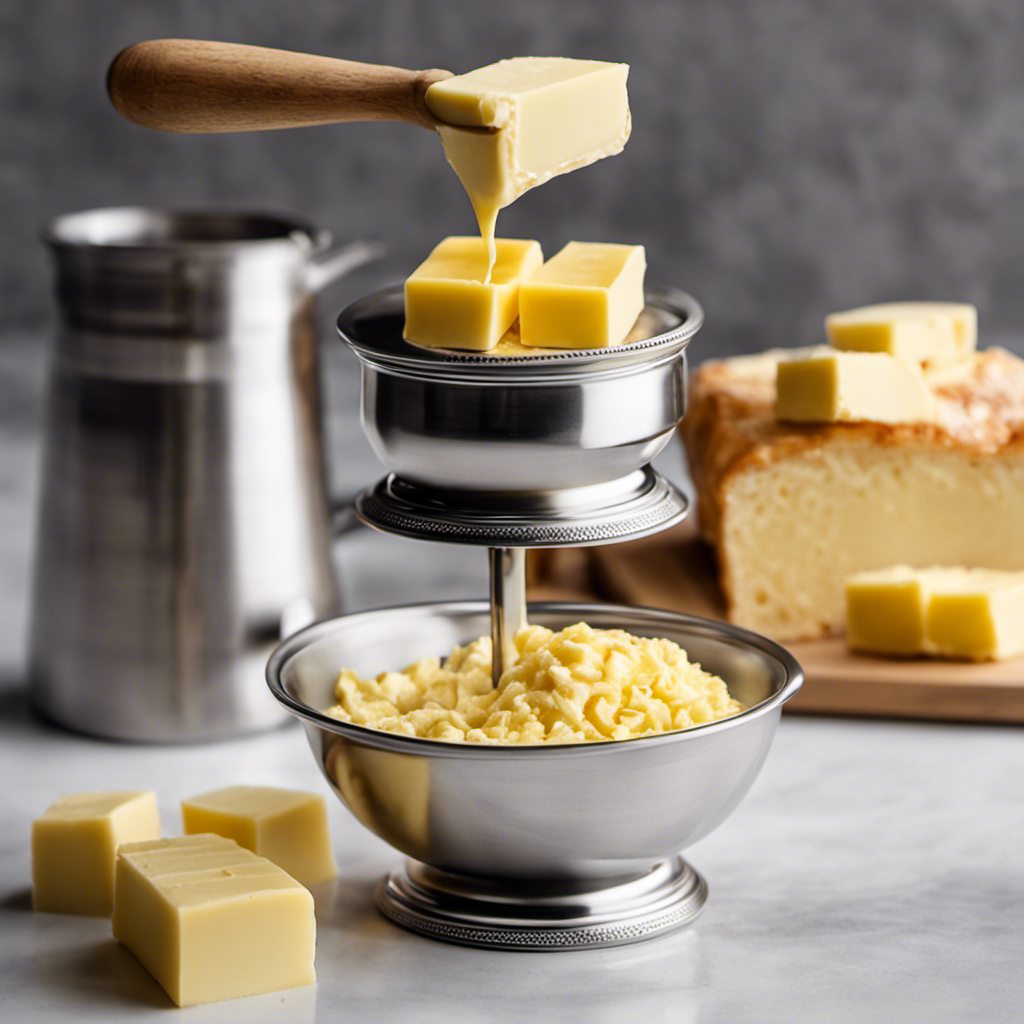 An image that showcases a measuring cup filled with butter, surrounded by a stack of precise gram weights