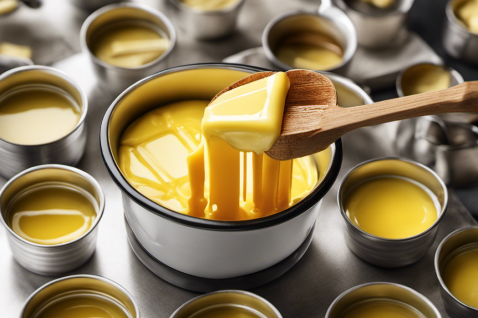 An image showing a measuring cup filled with melted butter, pouring into a stack of butter sticks
