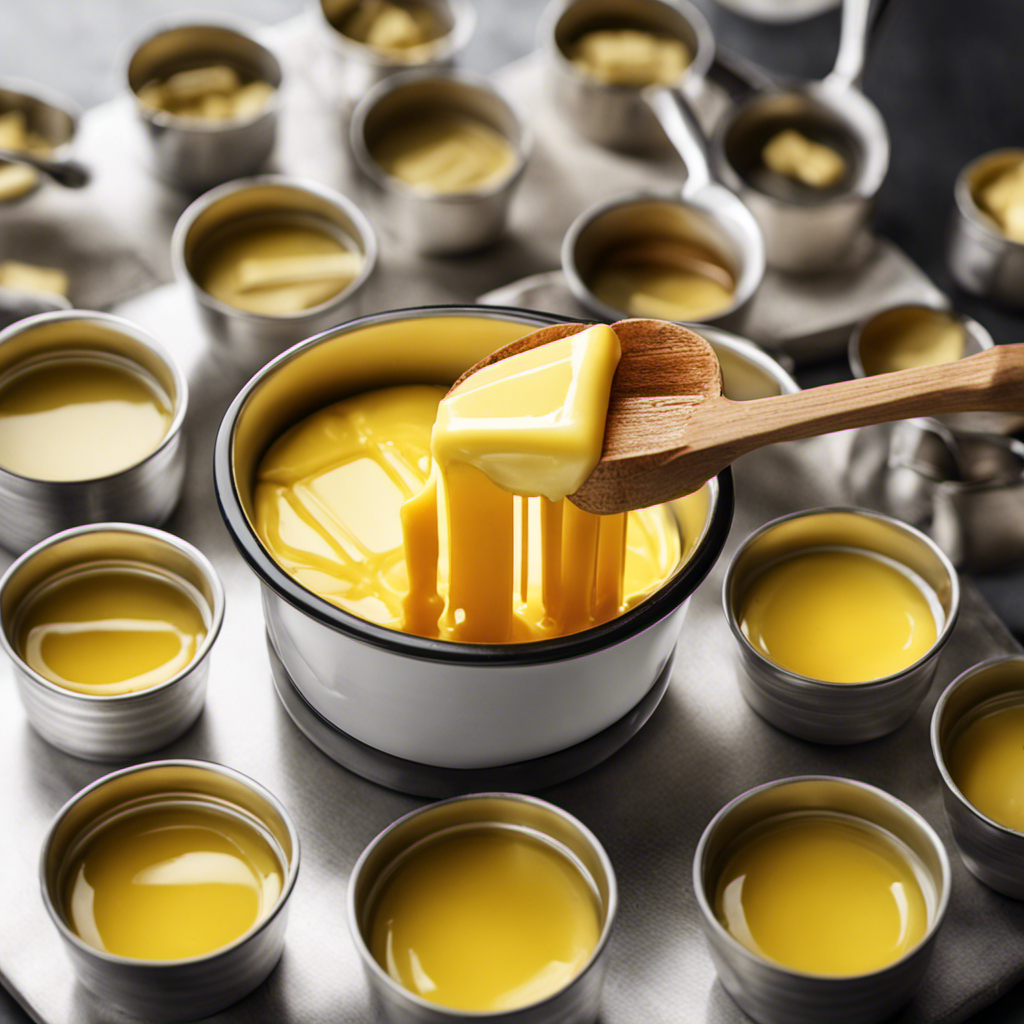 An image showing a measuring cup filled with melted butter, pouring into a stack of butter sticks