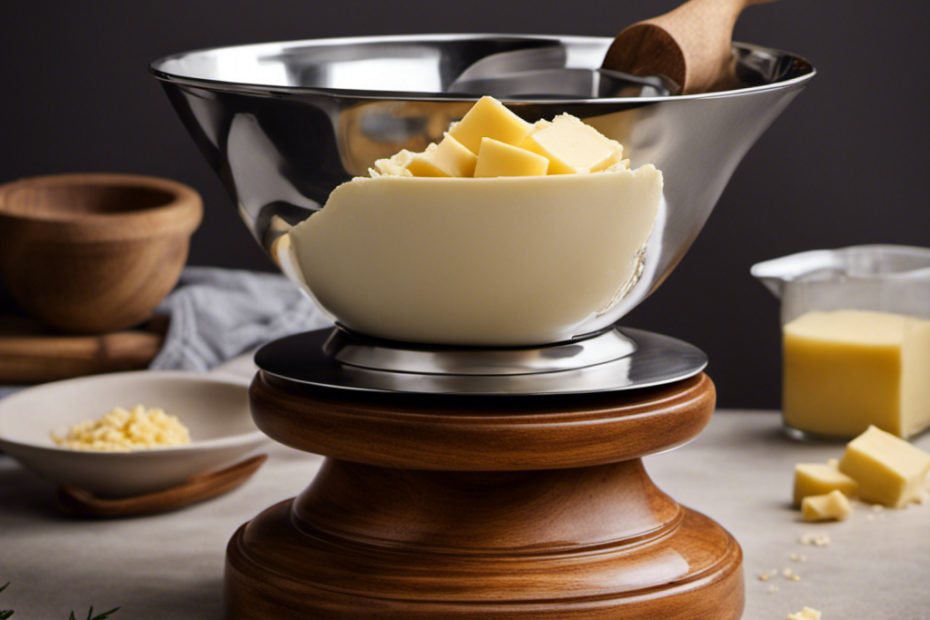 An image showcasing a wooden kitchen scale with a metal bowl placed on top, holding precisely 1 lb (454g) of creamy butter