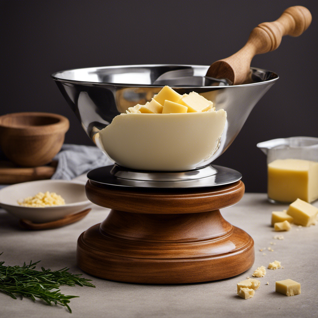An image showcasing a wooden kitchen scale with a metal bowl placed on top, holding precisely 1 lb (454g) of creamy butter