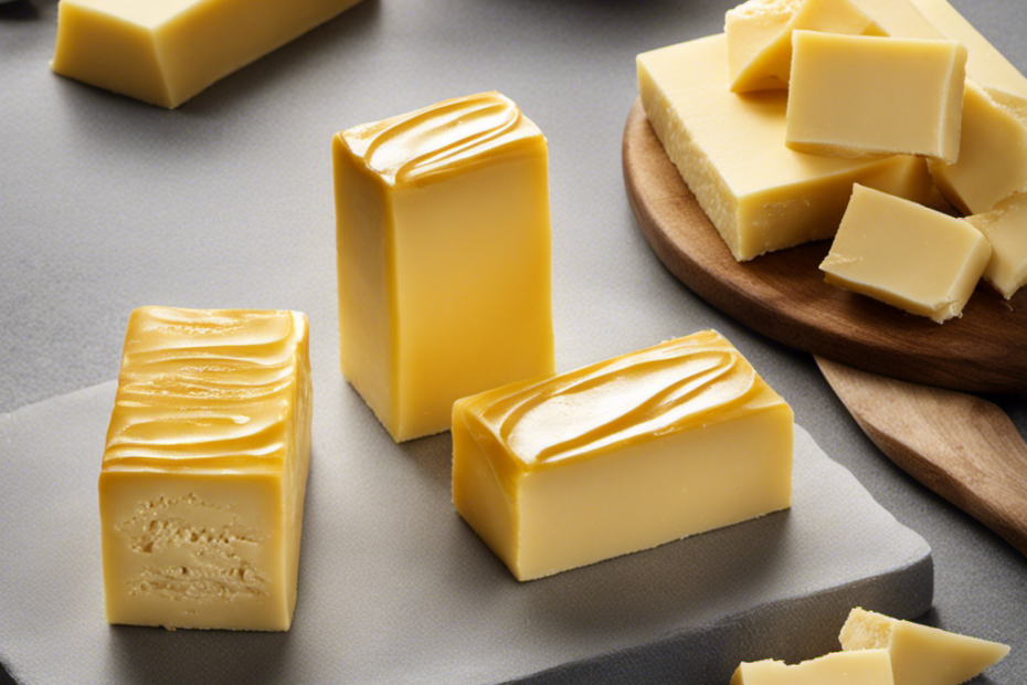 An image showcasing a golden-hued, perfectly rectangular stick of butter, neatly sliced into equal 1-ounce segments