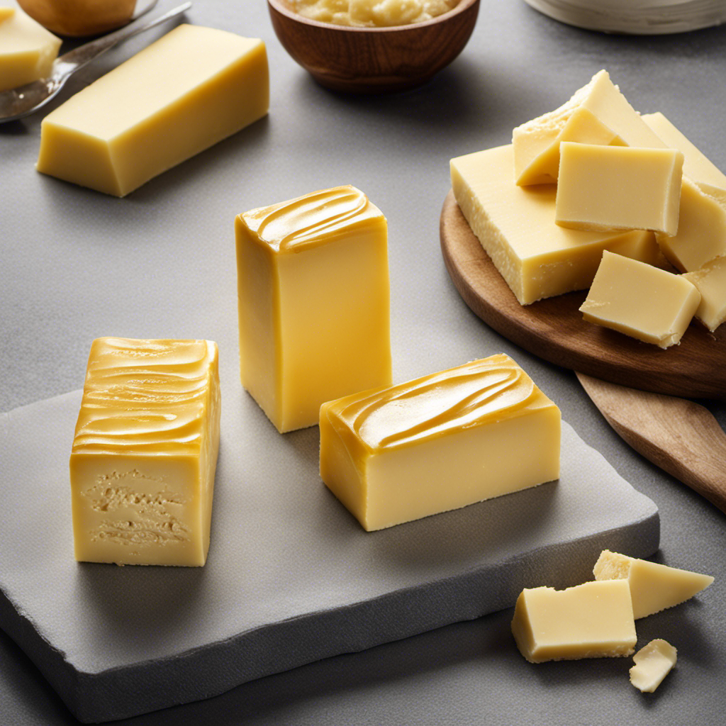 An image showcasing a golden-hued, perfectly rectangular stick of butter, neatly sliced into equal 1-ounce segments