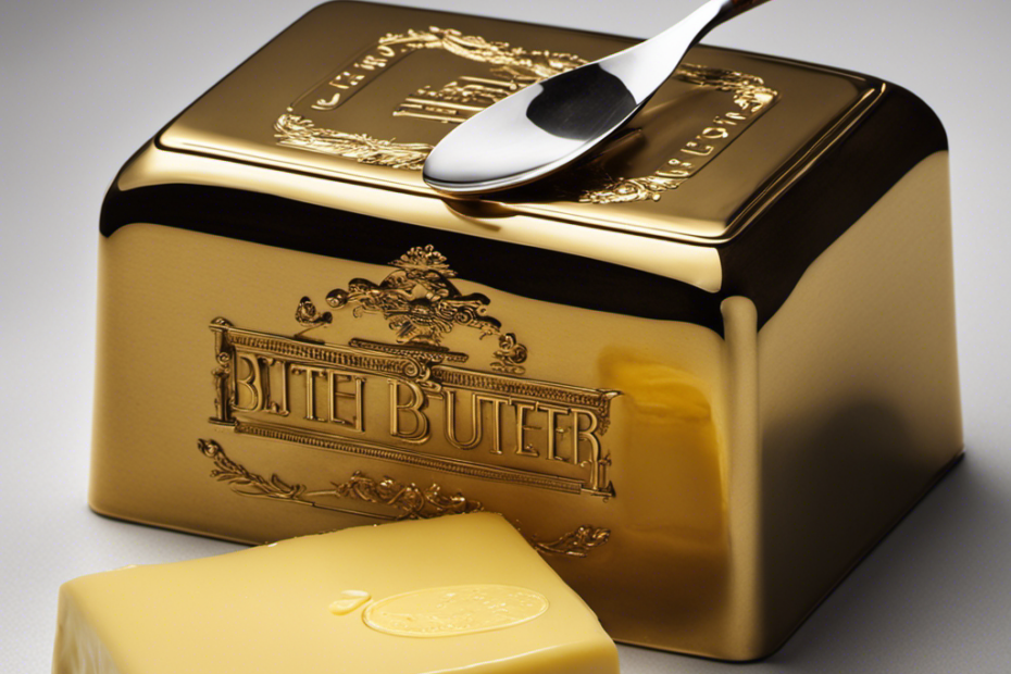 An image showcasing a delicate golden pound of butter, perfectly molded into a rectangular block with smooth edges, sat atop a vintage weighing scale, surrounded by scattered measuring spoons and a pat of melted butter