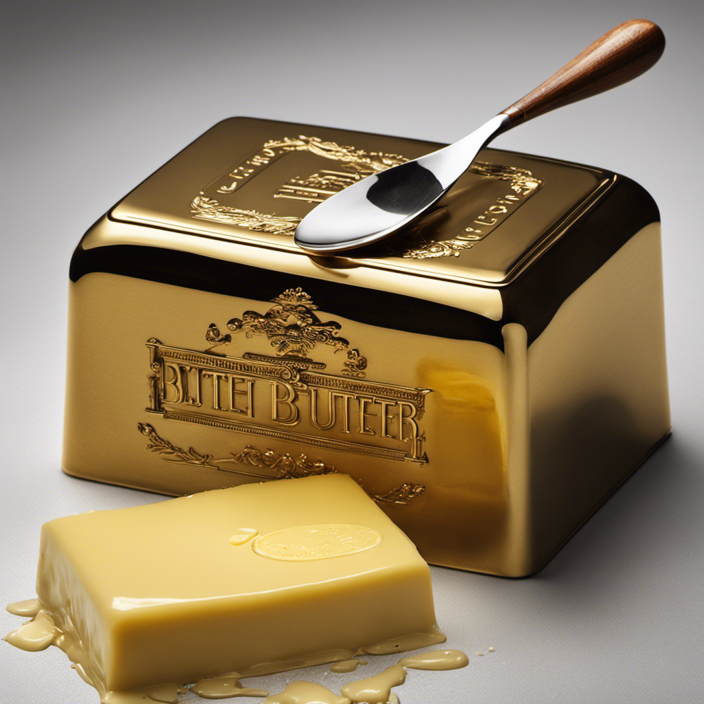 An image showcasing a delicate golden pound of butter, perfectly molded into a rectangular block with smooth edges, sat atop a vintage weighing scale, surrounded by scattered measuring spoons and a pat of melted butter