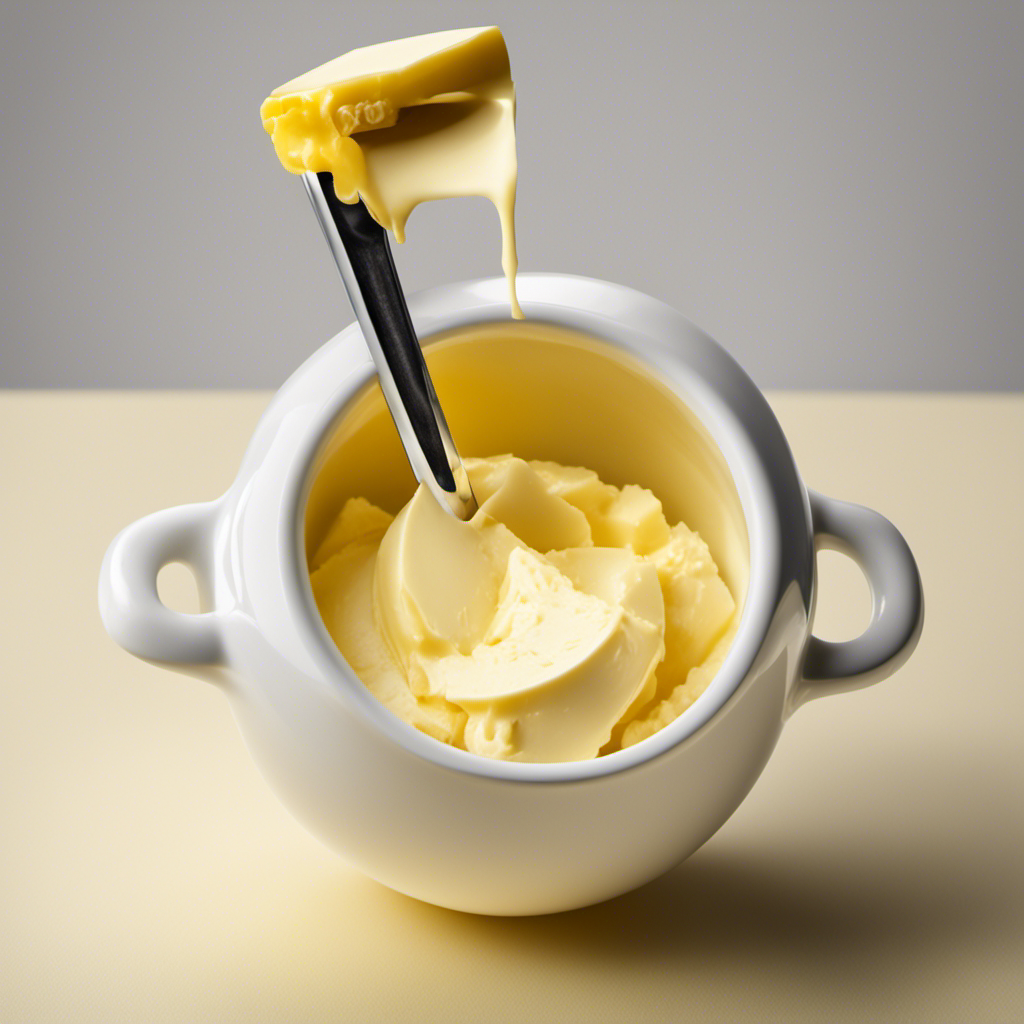 An image featuring a standard measuring cup filled with precisely 1 stick of butter, showcasing its creamy yellow color and smooth texture against a clean, white background