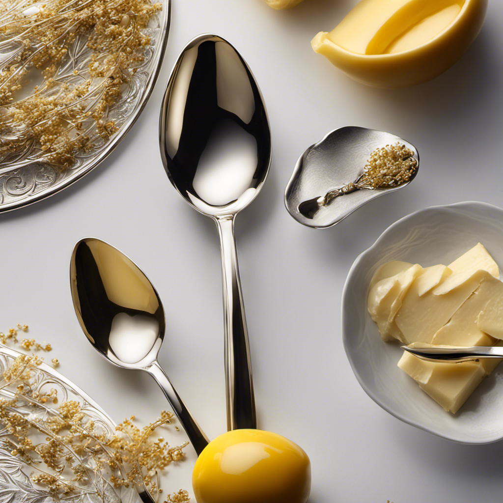 An image showcasing a small, delicate silver tablespoon gracefully holding a smooth, golden dollop of butter, perfectly measured to represent the precise quantity of 1 tablespoon