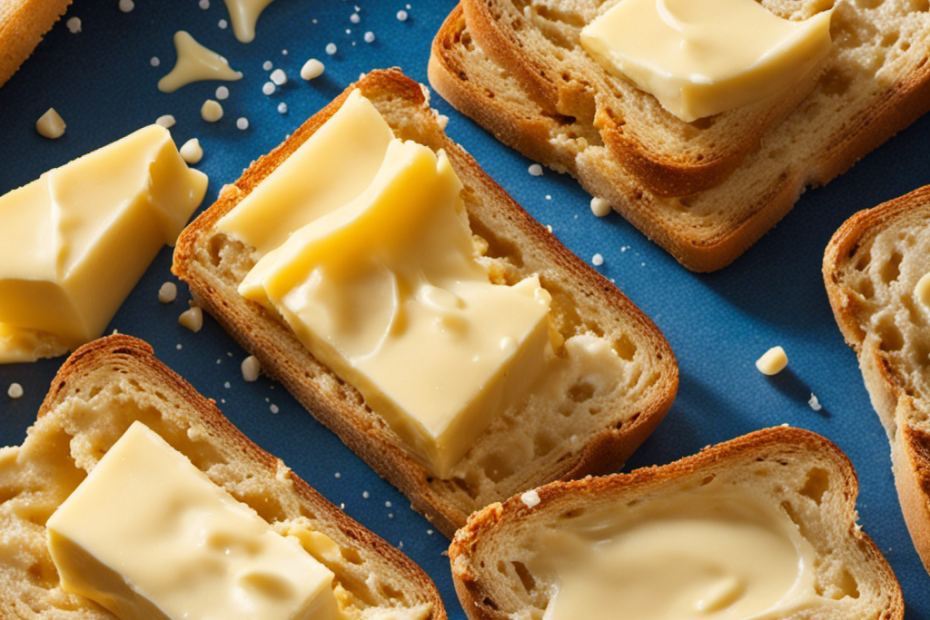 An image showcasing a perfectly sliced 10-gram portion of velvety butter, gently melting on a warm, golden, freshly toasted slice of bread, with droplets of condensation forming on a nearby glass of chilled milk