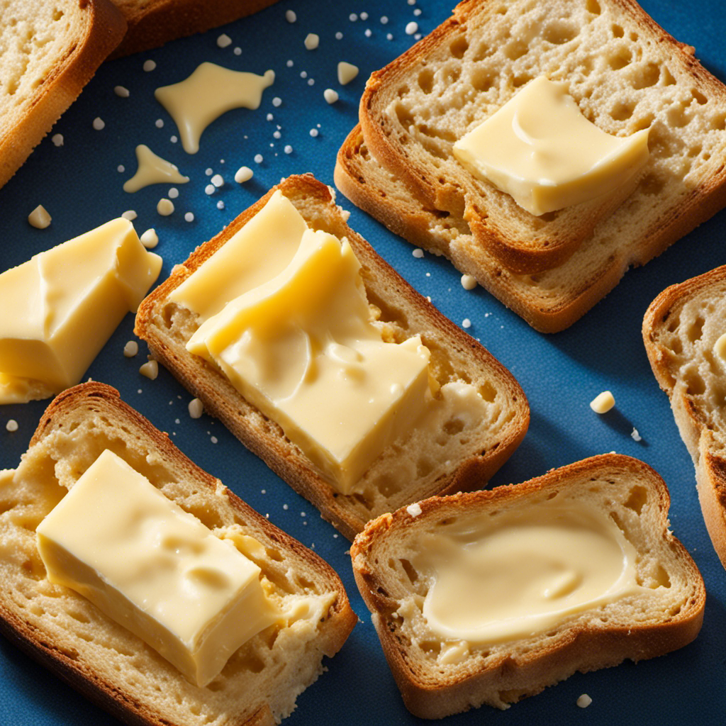 An image showcasing a perfectly sliced 10-gram portion of velvety butter, gently melting on a warm, golden, freshly toasted slice of bread, with droplets of condensation forming on a nearby glass of chilled milk