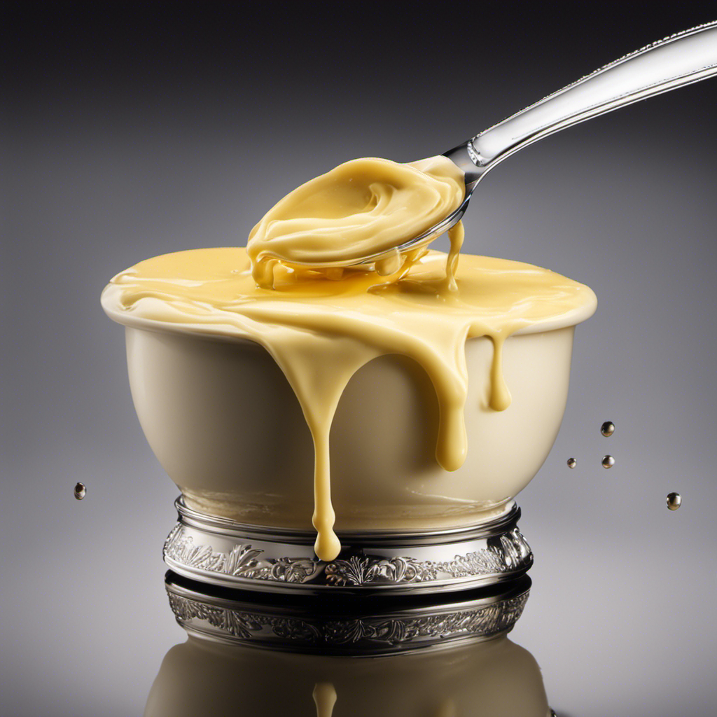 An image that showcases a small mound of creamy, golden butter, precisely measured in a measuring spoon, with droplets of melted butter gliding down its smooth surface, enticingly glistening in the light