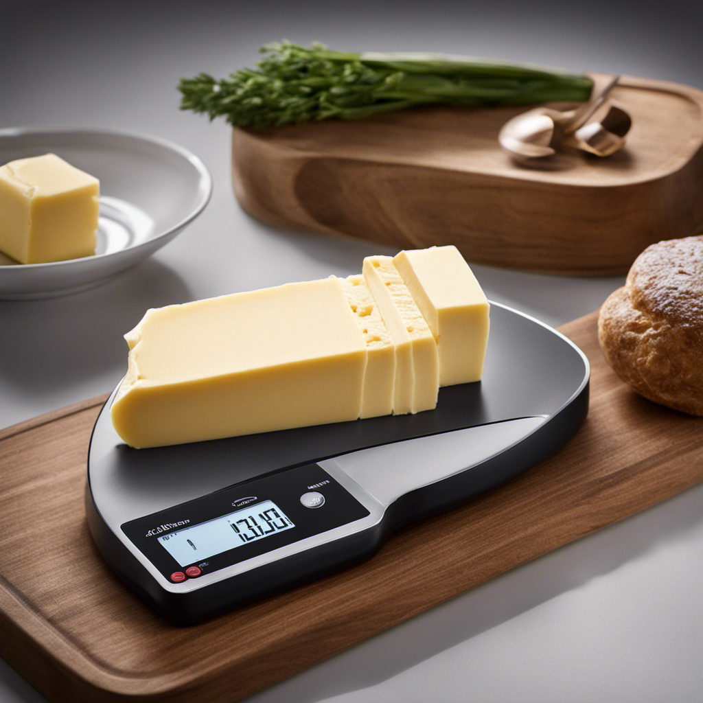 An image that showcases the precise measurement of 100 grams of butter by capturing a digital scale with the butter placed on it, displaying the weight with utmost accuracy