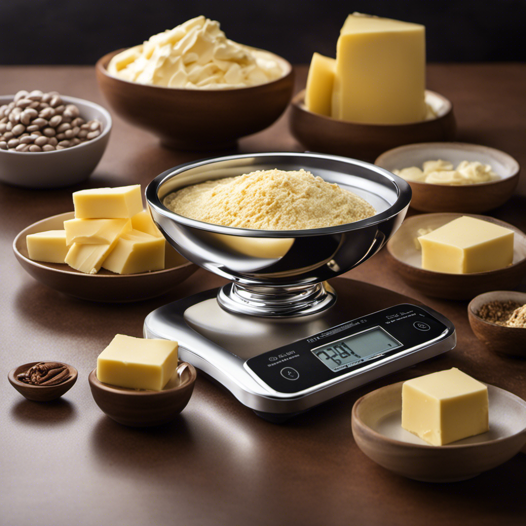 An image displaying a sleek, silver weighing scale with a bowl of soft, creamy butter delicately balanced on one side, while 100g weight discs are meticulously stacked on the other side
