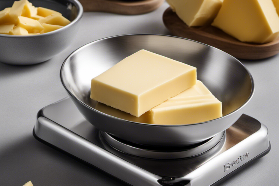 An image showcasing 115 grams of butter by capturing a close-up shot of a sleek, silver kitchen scale with a small dish atop, perfectly balanced with precisely measured butter, oozing richness and decadence
