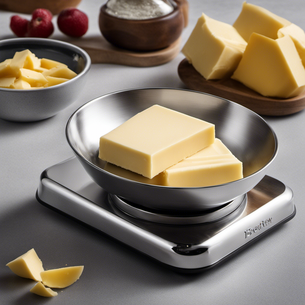 An image showcasing 115 grams of butter by capturing a close-up shot of a sleek, silver kitchen scale with a small dish atop, perfectly balanced with precisely measured butter, oozing richness and decadence