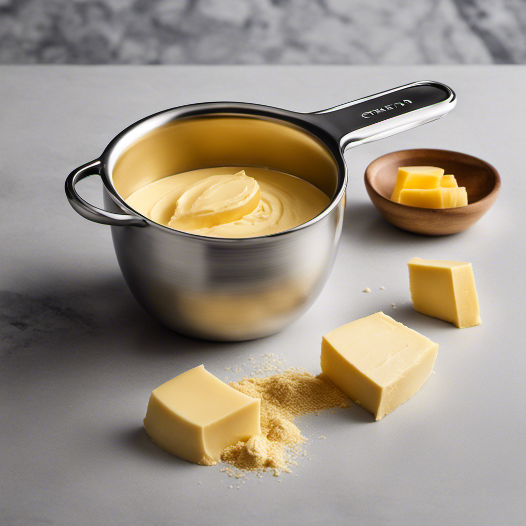 An image showcasing a precise measuring cup filled with 12 tablespoons of rich, creamy butter, perfectly levelled, with each tablespoon meticulously defined, capturing the golden hue and smooth texture