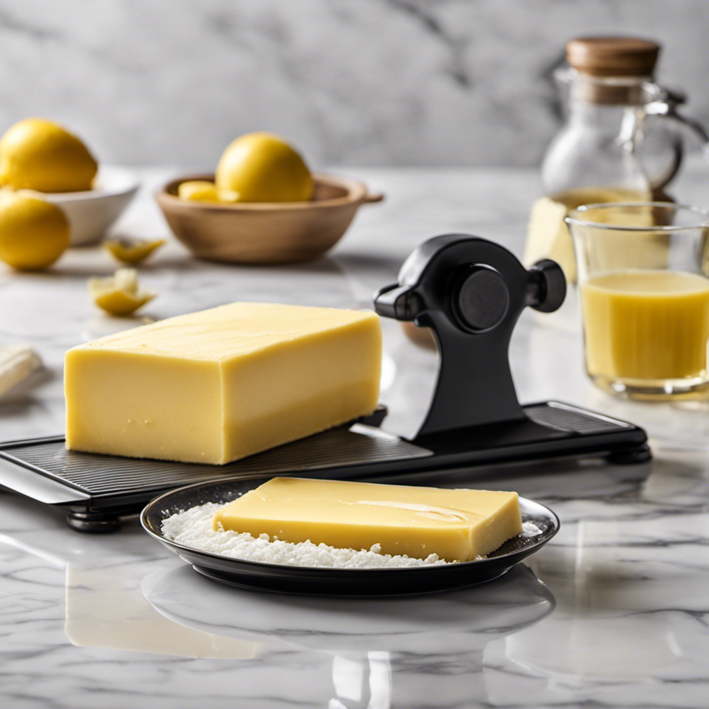 An image showcasing a precise 150-gram measurement of butter, neatly sliced from a block, placed on a kitchen scale with the weight displayed, surrounded by delicate droplets of melted butter on a clean marble countertop