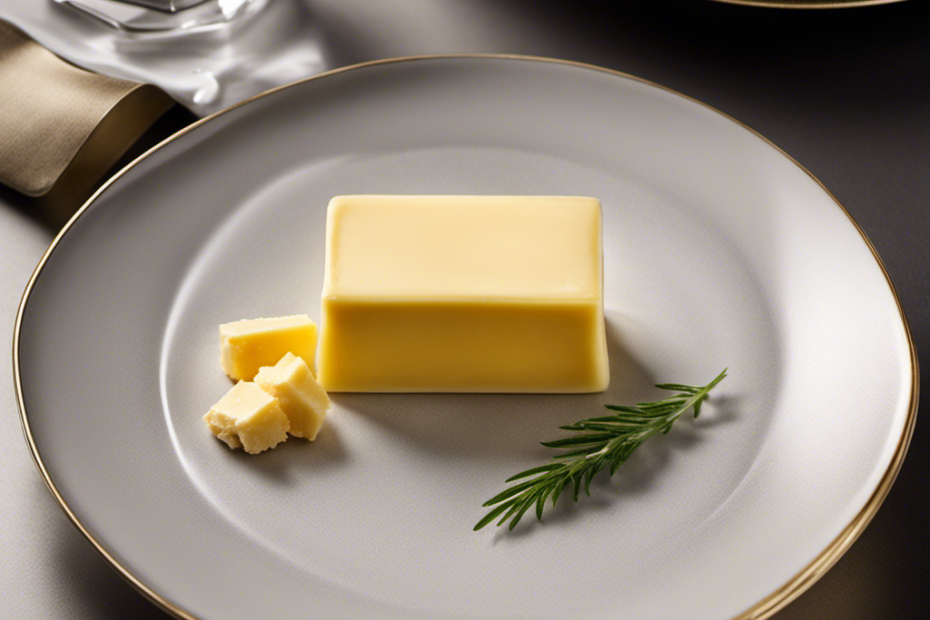 An image of a small, rectangular, translucent dish filled with creamy, golden butter, precisely weighed at 15g