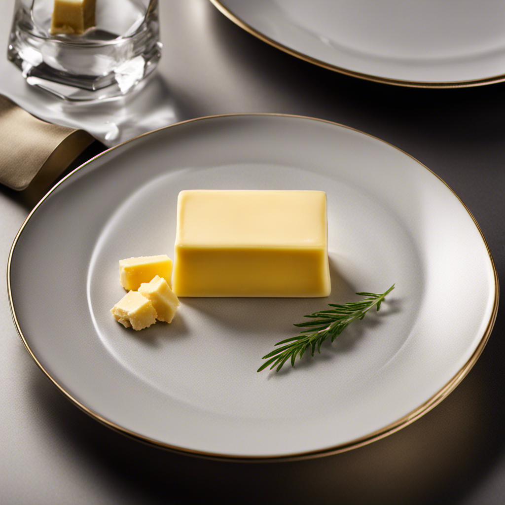 An image of a small, rectangular, translucent dish filled with creamy, golden butter, precisely weighed at 15g