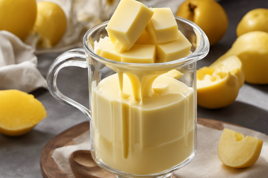 An image capturing a clear glass measuring cup filled exactly 2/3 of the way with smooth, creamy butter, its surface glistening under natural light, highlighting its rich yellow hue and velvety texture
