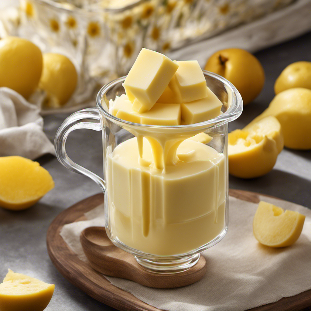 An image capturing a clear glass measuring cup filled exactly 2/3 of the way with smooth, creamy butter, its surface glistening under natural light, highlighting its rich yellow hue and velvety texture