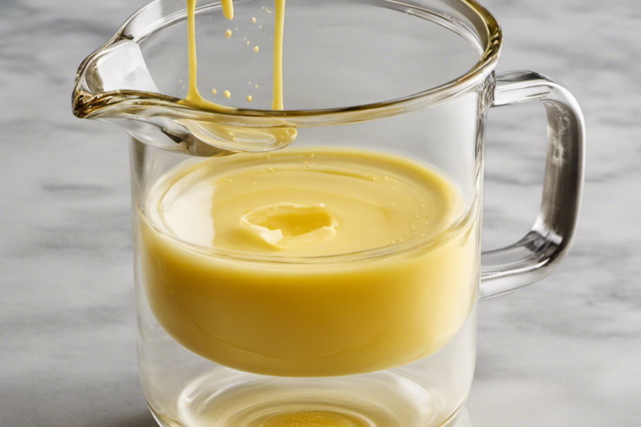 An image showcasing a clear glass measuring cup filled up to the 2/3 cup mark with melted butter