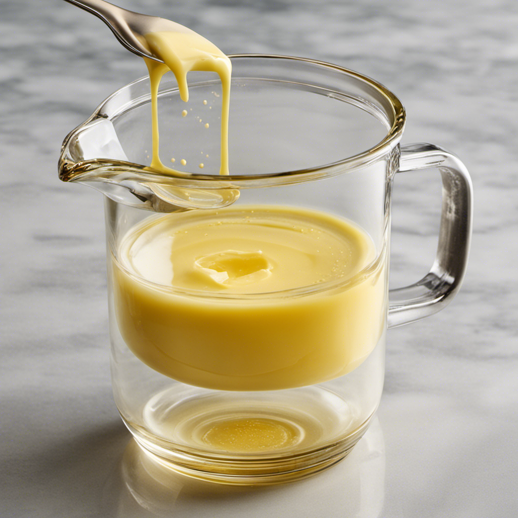 An image showcasing a clear glass measuring cup filled up to the 2/3 cup mark with melted butter