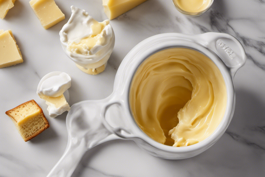 An image depicting a measuring cup filled with precisely 2/3 cup of creamy golden butter, gently melted and overflowing onto a marble countertop, revealing its rich texture and voluminous quantity