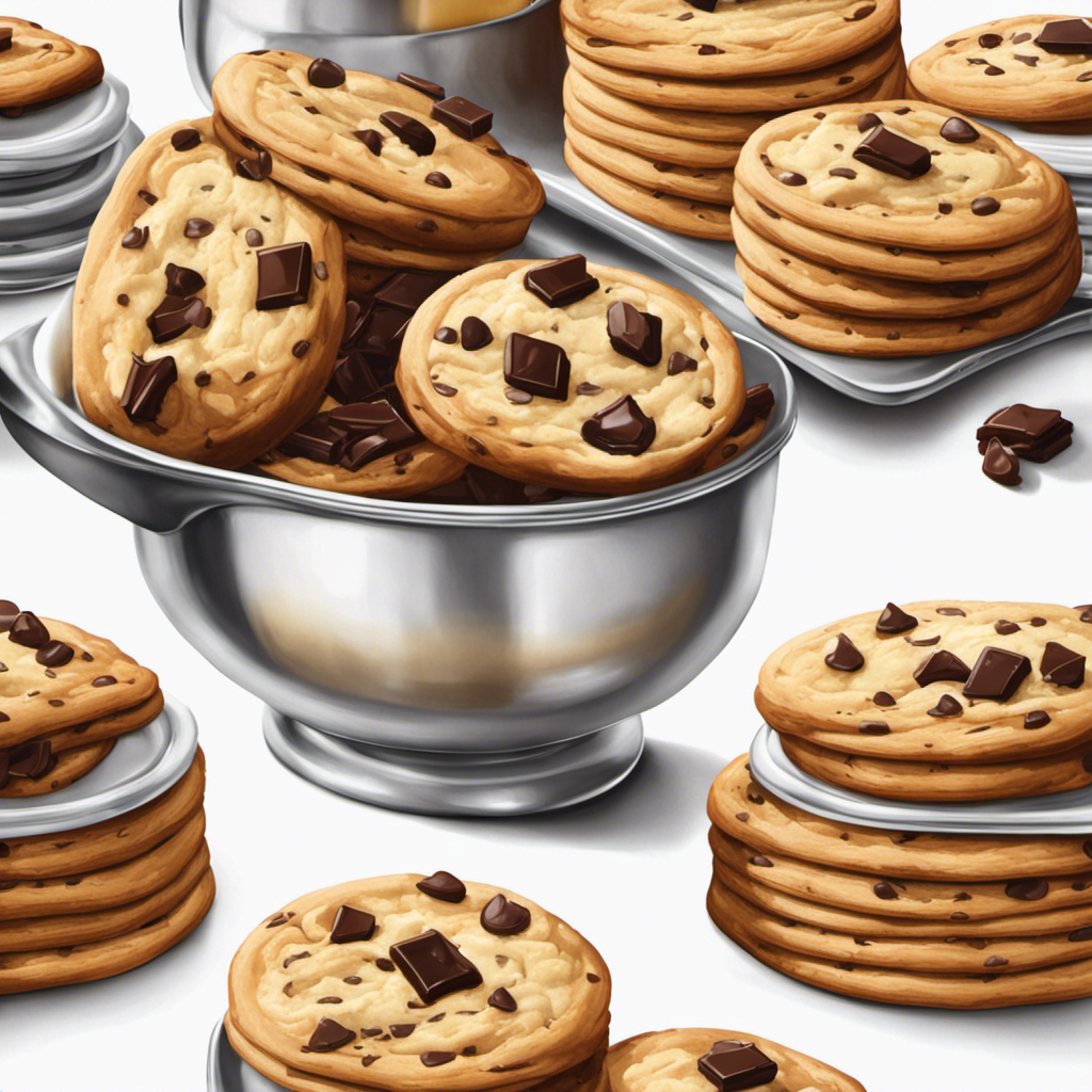 An image illustrating a measuring cup filled with exactly 2/3 of a stick of butter, surrounded by a stack of freshly baked chocolate chip cookies and a dollop of creamy butter melting on a warm slice of toast