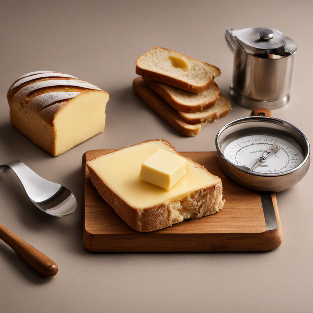 An image showcasing a precision scale with a stick of butter weighing exactly 2 ounces, surrounded by other common household objects like a teaspoon, a measuring cup, and a slice of bread for reference