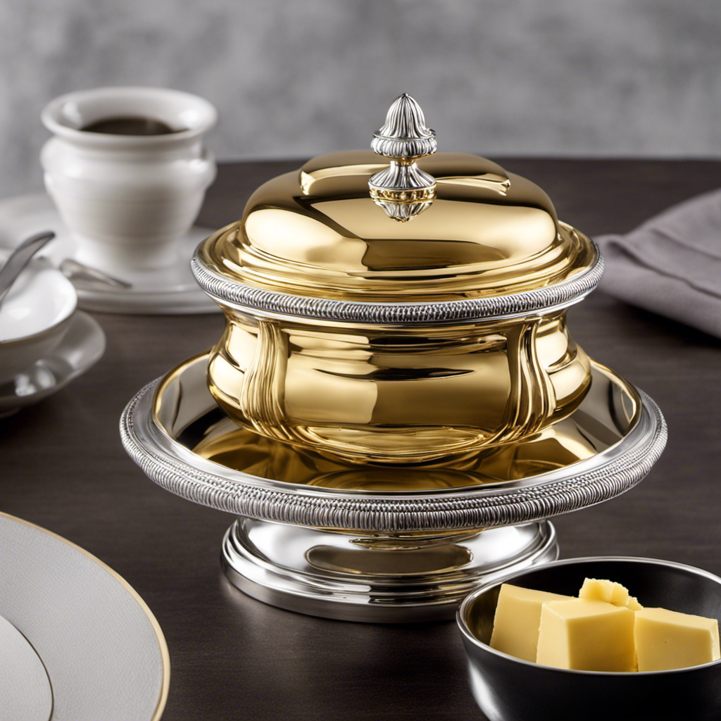 An image depicting a silver butter dish holding precisely 2 ounces of creamy, golden butter