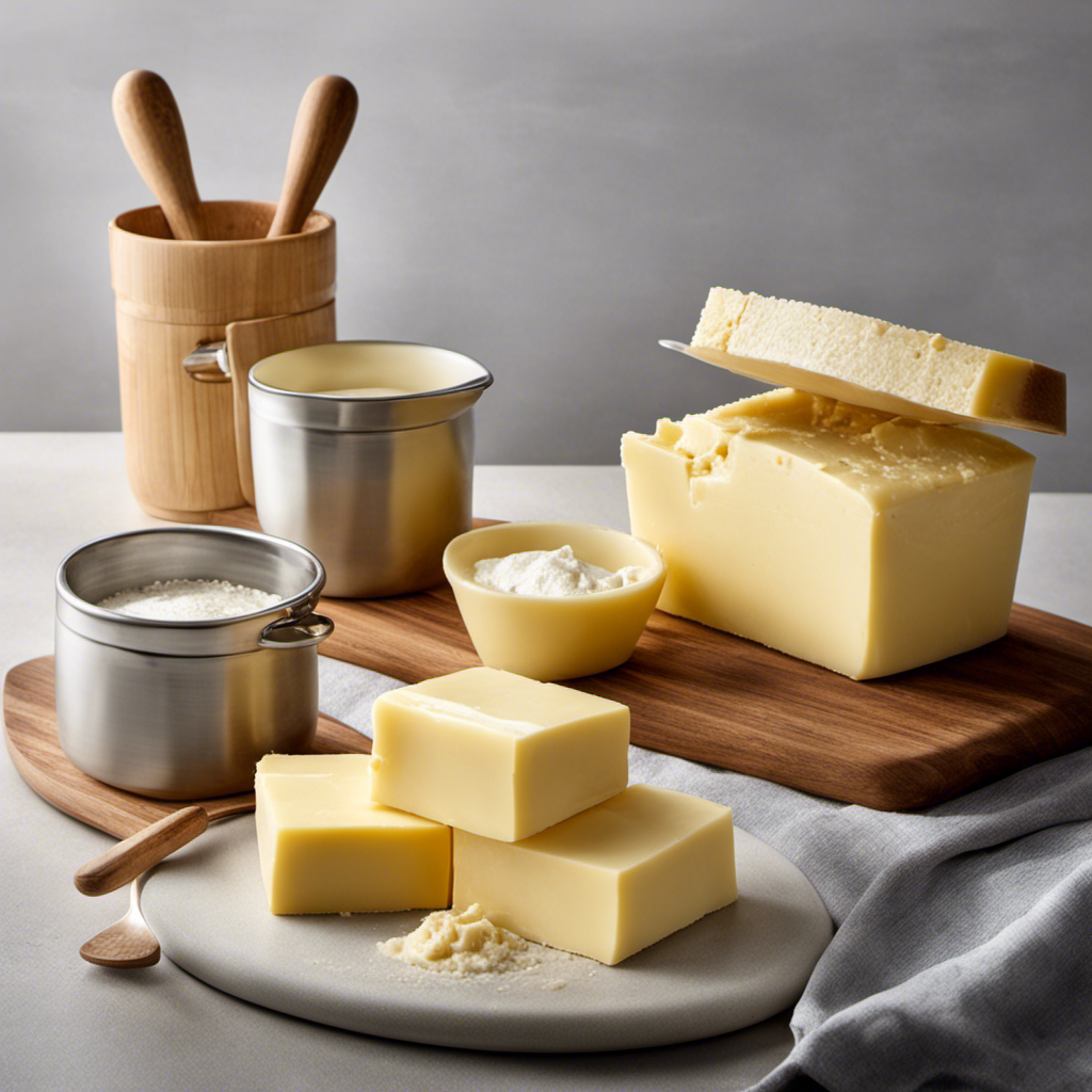 An image showcasing two sticks of butter beside a set of measuring cups, with one cup filled to the brim with butter