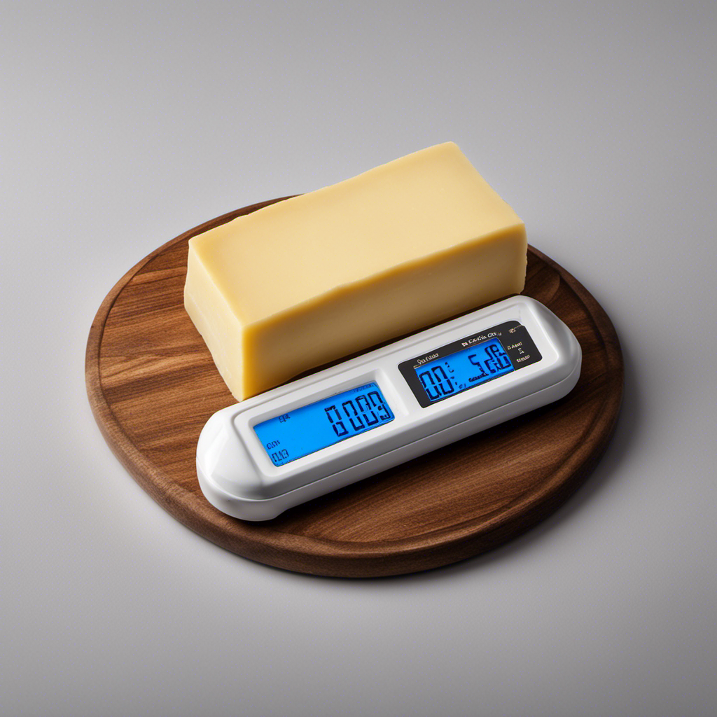 An image showcasing two sticks of butter, each neatly wrapped in wax paper, placed on a digital kitchen scale