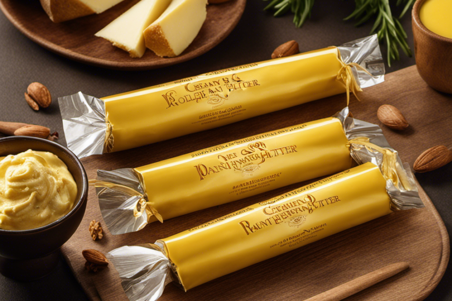 An image showcasing two sticks of creamy, golden butter, each wrapped in a vibrant yellow packaging with clear measurements indicated