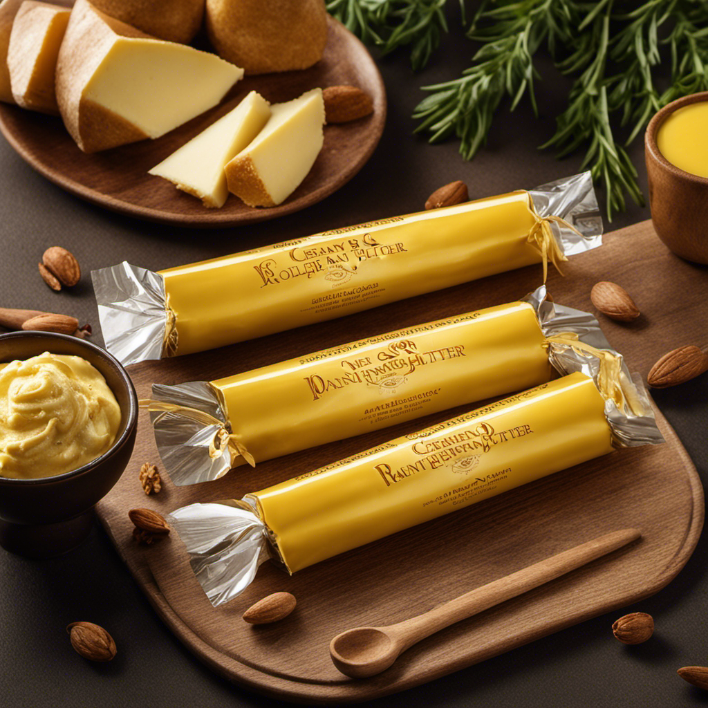 An image showcasing two sticks of creamy, golden butter, each wrapped in a vibrant yellow packaging with clear measurements indicated
