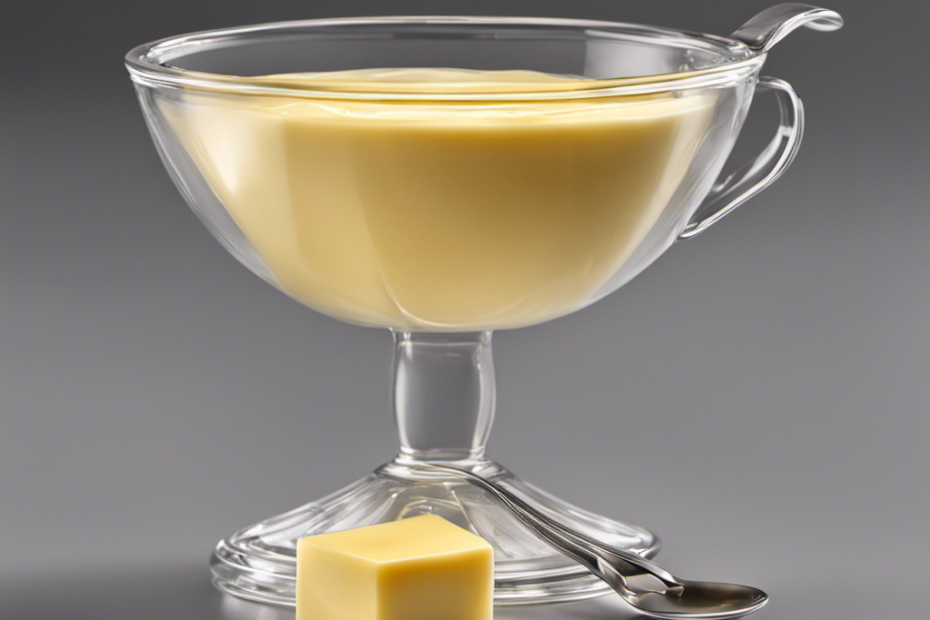 An image showcasing two tablespoons of butter, melted and measured precisely in a transparent glass measuring cup