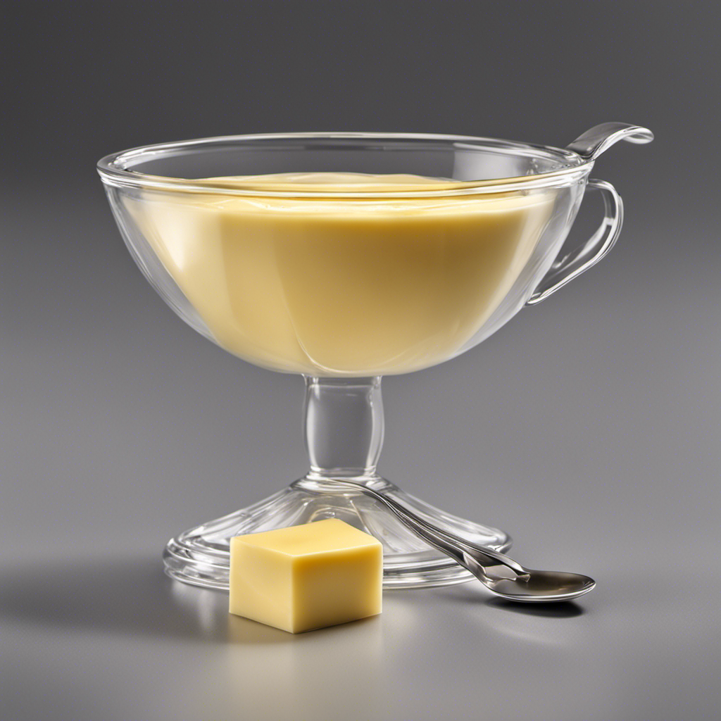 An image showcasing two tablespoons of butter, melted and measured precisely in a transparent glass measuring cup