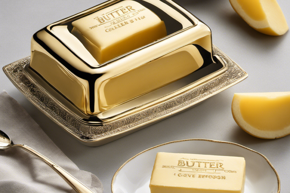 An image showing a small, rectangular butter dish with a clearly labeled measurement of 2 tablespoons etched into the golden butter, accompanied by a measuring spoon filled precisely to the brim with creamy butter